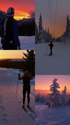 four pictures of people skiing at sunset or sunrise on the slopes and snow covered trees