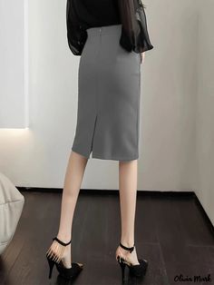 Olivia Mark - High-Waisted Bodycon Skirt with Knee-Length High Waist Skirt With Split Design For Work, Spring Stretch Bottoms For Office, Gray Knee-length Bottoms For Workwear, Gray Knee-length Workwear Bottoms, Split Design Pencil Skirt For Work, Fitted Solid Color Midi Bottoms, Stretch Solid Color Midi Skirt, Gray High Waist Skirt For Work, Chic Gray Knee-length Bottoms