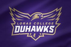 the college logo is shown on a purple jersey with gold lettering that reads, loras college duhawks