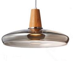 a light that is hanging from a ceiling fixture with a wooden handle on the end