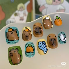 Capybara Nails, Doodle Nails, Short Squoval, Nail Noel, Animal Nail Designs, Nail Short, Cute Painting, Beauty Hacks Nails