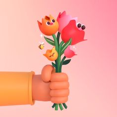 a person holding flowers in their hand on a pink background