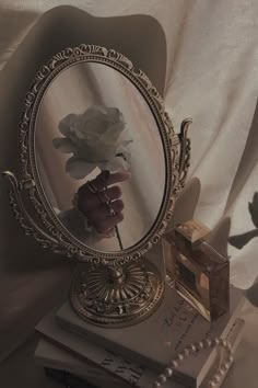 a mirror sitting on top of a stack of books with a flower in the reflection