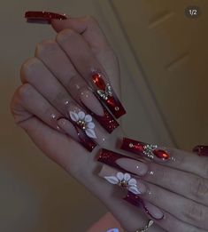 Red And Gold Nails Acrylic Coffin Quince, Red Crown For Quinceanera, Burgundy Nails Quinceanera, Quince Nails Burgundy And Gold, Maroon Quinceanera Nails, Black And Red Quinceanera Cake, Sweet 16 Dresses Red And Gold, Red Nails Acrylic Diamonds, Red And Black Prom Nails Acrylic Long