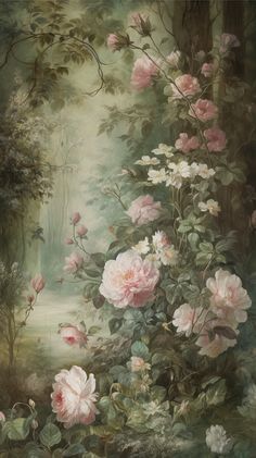 a painting of pink roses in a wooded area