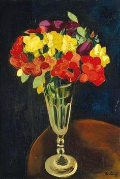 a painting of flowers in a glass vase on a table with a brown cloth behind it