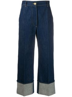 Rodeo blue organic-recycled cotton blend high-rise cuffed jeans from Jean Patou featuring a button and zip fly, belt loops, side pockets and a cropped length. Womens Cuffed Jeans, 50s Jeans, Bohemian Jewels, Jean Patou, Denim Chic, Cuffed Jeans, Embellished Jeans, Denim Trends, Work Life