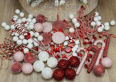 candy canes and christmas decorations on the floor