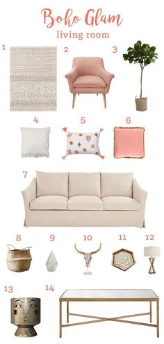 the boho glam living room is shown with pink and white decor, including a couch