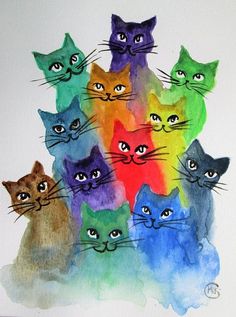 there are many cats that are painted in different colors on this card, which says love is colorblind