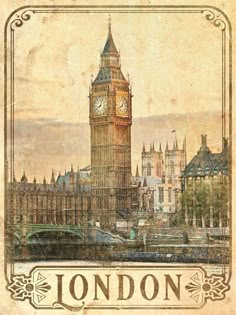 the big ben clock tower towering over the city of london on an old paper background