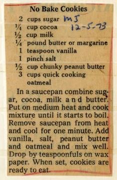 an old recipe card with instructions for baking cookies