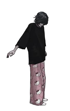 a drawing of a person with black hair and hello kitty pajamas on, standing in front of a white background