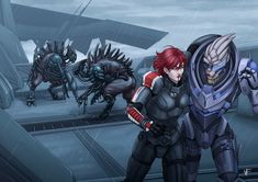 two people standing next to each other in front of an alien ship with monsters behind them