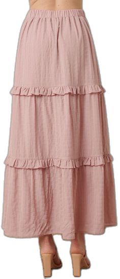 Chic Voluminous Tiered Maxi Skirt, Chic Tiered Voluminous Maxi Skirt, Summer Feminine Maxi Skirt, Feminine Solid Color Maxi Skirt For Summer, Flowy Ruffled Midi Maxi Skirt, Flowy Maxi Skirt With Layered Hem, Flowy Ruffled Midi Length Skirt, Feminine Ruffled Maxi Skirt, Feminine Maxi Length Ruffled Skirt