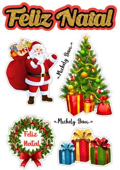 christmas stickers with santa claus, presents and gifts on the bottom right hand corner