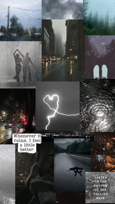 a collage of photos with words and pictures on them that include rain, street lights,