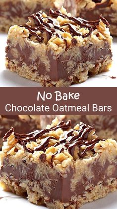 no bake chocolate oatmeal bars are stacked on top of each other