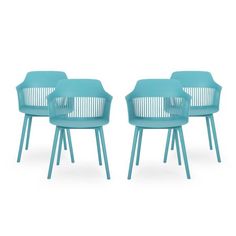 four blue chairs sitting next to each other