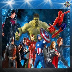 an image of the avengers movie characters in front of a blue background with stars and lights