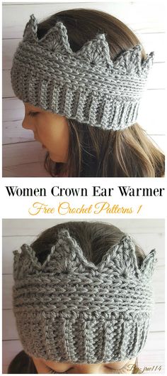 two pictures of a woman's head wearing a knitted crown ear warmer