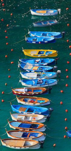 many small boats floating in the water near each other, with one boat at the bottom