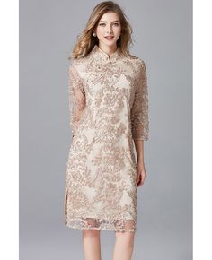 Get 10% off now! Buy L-5XL Champagne Lace Cocktail Dress with Sleeves at cheap price online. Free stable shipping and pro custom service since 2009. Luxury Festive Dress With Lace Work, Champagne Gold Dress Cocktail Party, Champagne Long Sleeve Tea Length Dress, Luxury Short Sleeve Lace Cocktail Dress, Luxury Lace Work Dresses For Vintage Events, Luxury Beige Lace Dress With Scalloped Edges, Luxury Beige Lace Dress With Scalloped Lace, Luxury Cocktail Lace Dress With Lace Sleeves, Luxury 3/4 Sleeve Party Dress