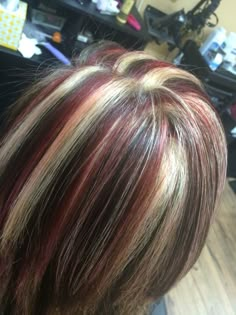 ✂️hair by Chasity Hawkins #redblondehair #colorideas Partly Colored Hair, 2000s Hair Color Ideas, Tri Color Highlights, Y2k Highlights Hair, 2000s Hair Color, Colored Tips Hair, 2000s Highlights Hair, 2000s Highlights