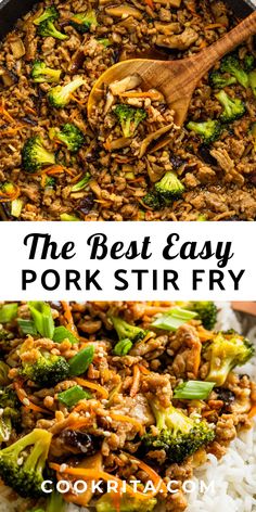 the best easy pork stir fry recipe with broccoli and rice in a skillet