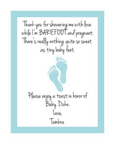 a handprinted card with a baby's foot and the words thank you for showering me with love