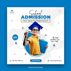 a blue and white graduation flyer with an image of a boy in a yellow shirt