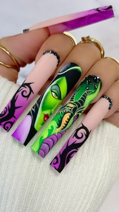 Stellar Vibe 💙💜💖 _________________________ ❤️❤️❤️ Nail Art supplies at www.TinoVo.shop 💎💎💎 Crystal at www.DreamtimeCreations.com .… | Instagram Nails Designs Ideas Unique, Dr Facilier Nail Art, Disney Villains Nail Designs, Aladdin Nails, Maleficent Nail Art, Video Game Nails, Villain Nails, Haunted Mansion Nails, Comic Nails