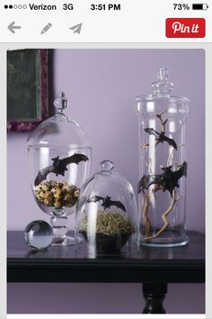 two glass domes with fake bats in them on a table next to a mirror and other decorations