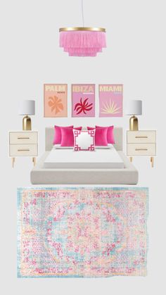 the bedroom is decorated in pink, white and gold colors with pops of color on the bed