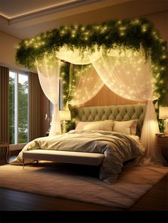 a bedroom decorated with christmas lights and greenery