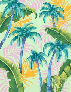 a painting of palm trees on a green background