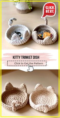 two crocheted bowls with cats in them and the words kitty tank dish below