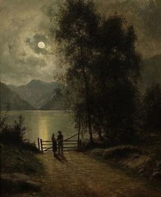 a painting of two people standing on a path next to a body of water at night