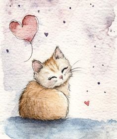 a watercolor painting of a cat with a heart balloon