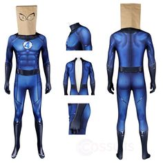 the blue lantern cosplay costume with paper bag on his head and chest, full body