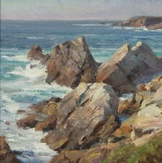 an oil painting of rocks near the ocean