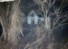 an old abandoned house in the woods at night with no leaves on it's branches