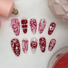 Christmas But Not Christmas Nails, Cute Xmas Nail Designs, Winter Nails Not Christmas, Christmas Vibe Nails, Cherry And Bow Nails, Coquette Fall Nails, Funky Holiday Nails, Hmong Nails