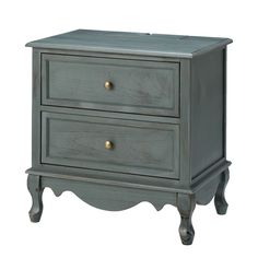 a gray nightstand with two drawers and gold knobs on the bottom, against a white background