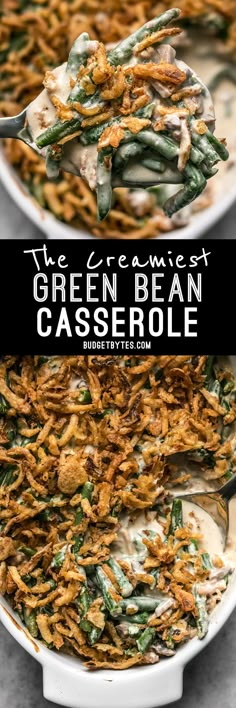 green bean casserole in a white dish with a serving spoon on the side