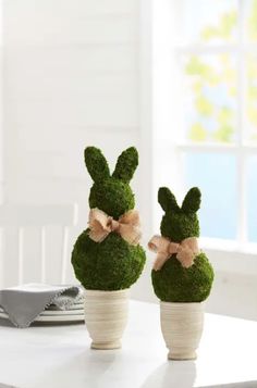 two small potted plants in the shape of bunnies with bows on them sitting on a table