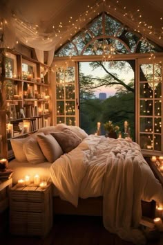 a bedroom with lots of lights on the windows