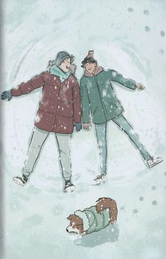 two people are standing in the snow with their arms around each other, and one person is