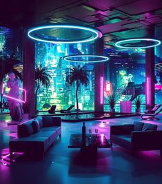 a living room filled with furniture and neon lights