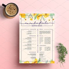 a yellow and white floral resume template on a pink background with a cup of coffee